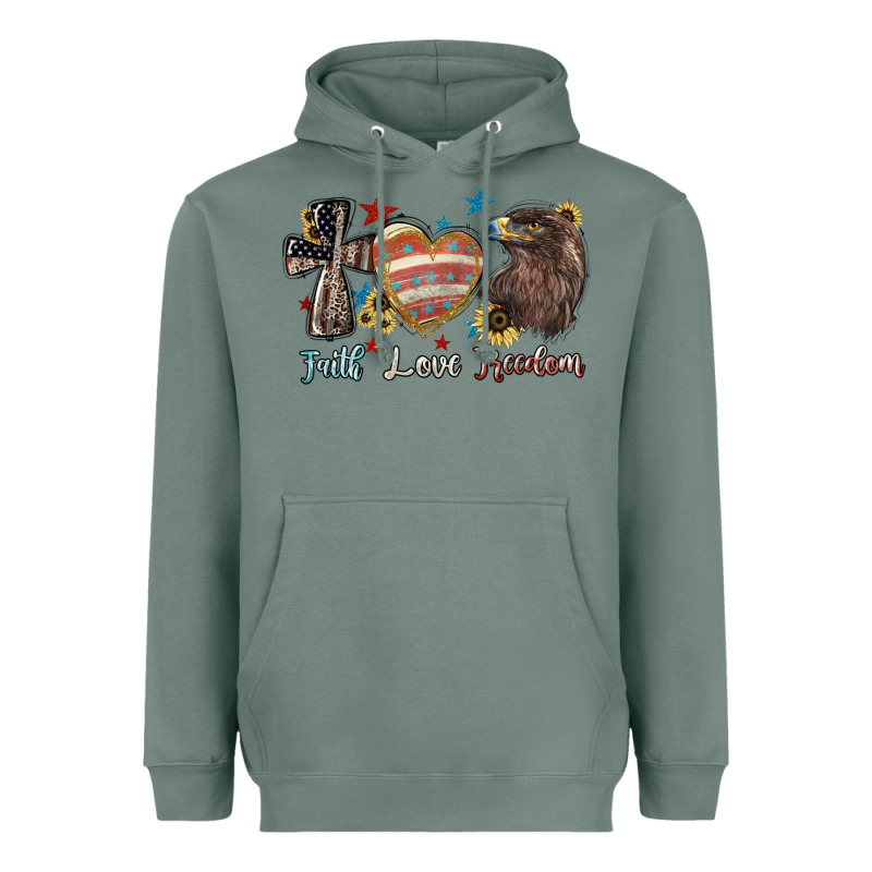 Faith Love Freedom 4th Of July Heavyweight Hoodie by HowdyJamesFarm | Teevron
