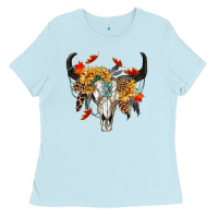 Baby Blue Fall Bull Skull Ladies Tee - RanaPortraitStore