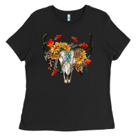 Black Fall Bull Skull Ladies Tee - RanaPortraitStore