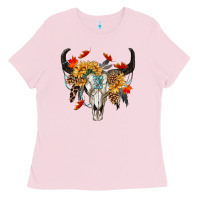 Bubblegum Pink Fall Bull Skull Ladies Tee - RanaPortraitStore