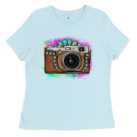 Baby Blue tie dye gemstone vintage camera Ladies Tee - FaDigitalArtStudio