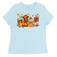 Baby Blue Fall Autumn cow pumpkin coffee cups Ladies Tee - RanaPortraitStore