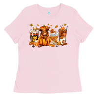 Bubblegum Pink Fall Autumn cow pumpkin coffee cups Ladies Tee - RanaPortraitStore