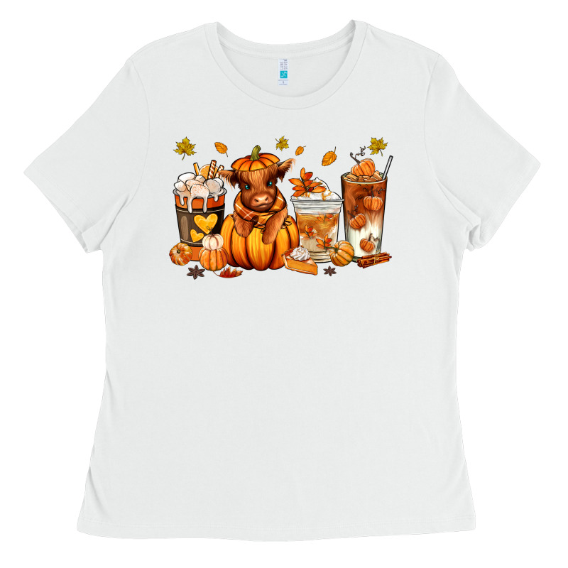 Fall Autumn Cow Pumpkin Coffee Cups Ladies Tee by RanaPortraitStore | Teevron