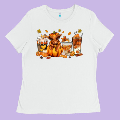 Fall Autumn Cow Pumpkin Coffee Cups Ladies Tee Designed By Ranaportraitstore