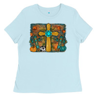 Baby Blue Fall Gemstone Cross Ladies Tee - RanaPortraitStore