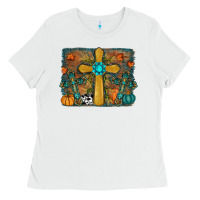 White Fall Gemstone Cross Ladies Tee - RanaPortraitStore