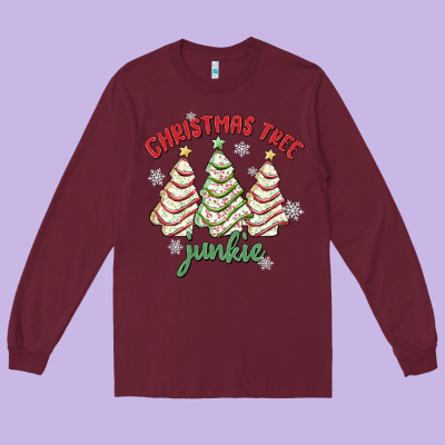 Christmas Tree Junkie Long Sleeve Tee Designed By Maliassmallbusiness