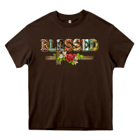 Chocolate Brown blessed and floral cross Heavy Core Tee - BarkalooDesign