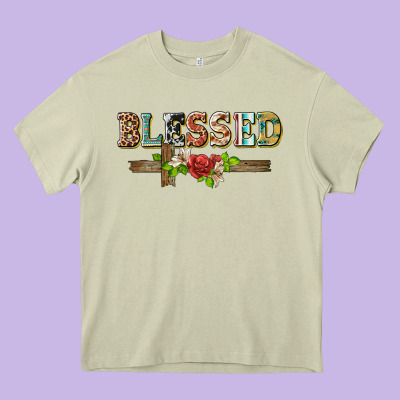 Blessed And Floral Cross Heavy Core Tee Designed By Barkaloodesign
