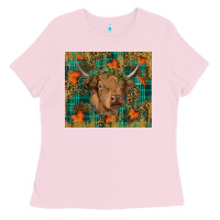 Bubblegum Pink Western Fall Cow Ladies Tee - RanaPortraitStore