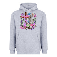 Heather Grey Easter eggs and Bunny with Cross Easter Day Heavyweight Hoodie - HowdyJamesFarm