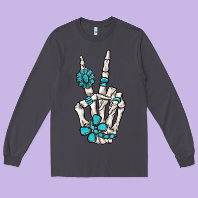 Turquoise Gemstone Skeleton Hand Long Sleeve Tee Designed By Maliassmallbusiness