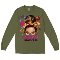 Army Green preschool teacher life  messy bun Long Sleeve Tee - NancyCooperArtShop