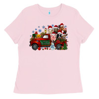Bubblegum Pink christmas farm animals truck Ladies Tee - RacoonDesign