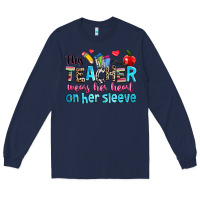 Navy this teacher wears her her on her sleeve Long Sleeve Tee - NancyCooperArtShop