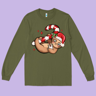 Cute Christmas Sloth Long Sleeve Tee Designed By Maliassmallbusiness