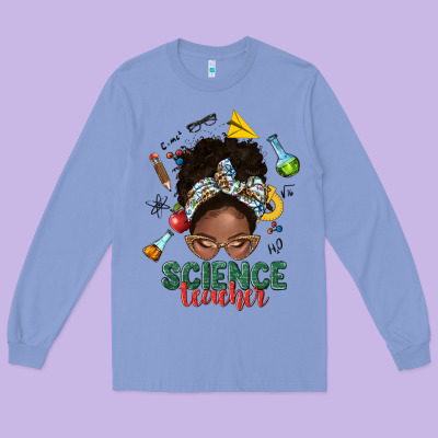 Science Teacher Afro Messy Bun Long Sleeve Tee Designed By Nancycooperartshop