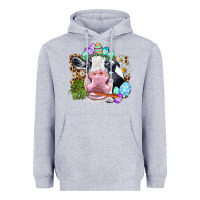 Heather Grey Happy Easter Cow with eggs Easter Day Heavyweight Hoodie - HowdyJamesFarm