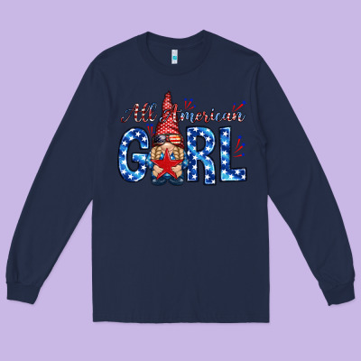 All American Girl With Gnome Long Sleeve Tee Designed By Nancycooperartshop