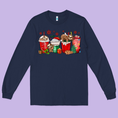 Christmas Sloth Coffee Cups Long Sleeve Tee Designed By Maliassmallbusiness