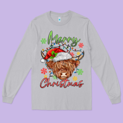 Merry Christmas Cow Long Sleeve Tee Designed By Maliassmallbusiness