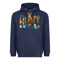 Navy The hunt is on with eggs Easter Day Heavyweight Hoodie - HowdyJamesFarm