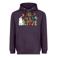Plum He is alive Easter Day Heavyweight Hoodie - HowdyJamesFarm