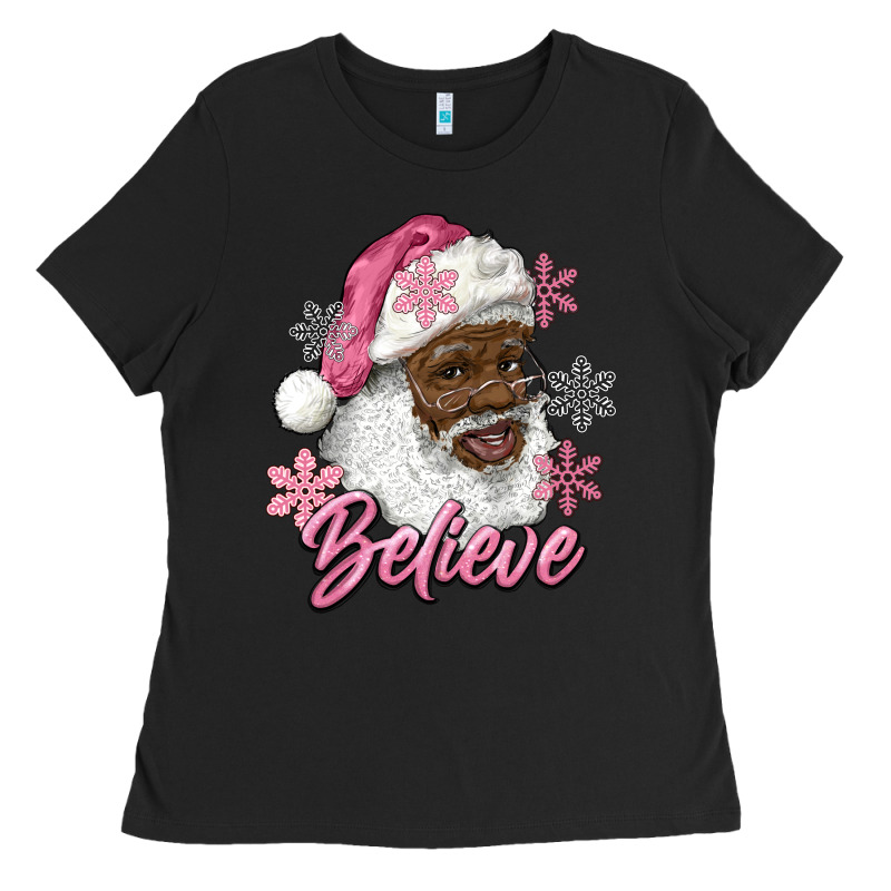 Pink Christmas African American Santa Believe Ladies Tee by RanaPortraitStore | Teevron