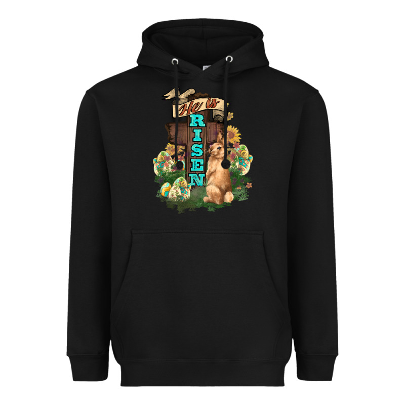 He Is Risen Bunny Cross Easter Day Heavyweight Hoodie by HowdyJamesFarm | Teevron