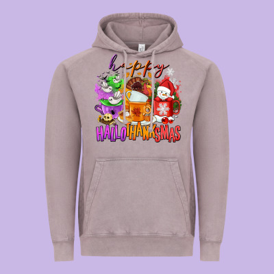 Happy Hallothanksmas Coffee Cups Vintage Hoodie Designed By Nancycooperartshop