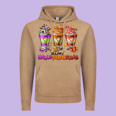 Happy Hallothanksmas Coffee Cups Vintage Hoodie Designed By Nancycooperartshop