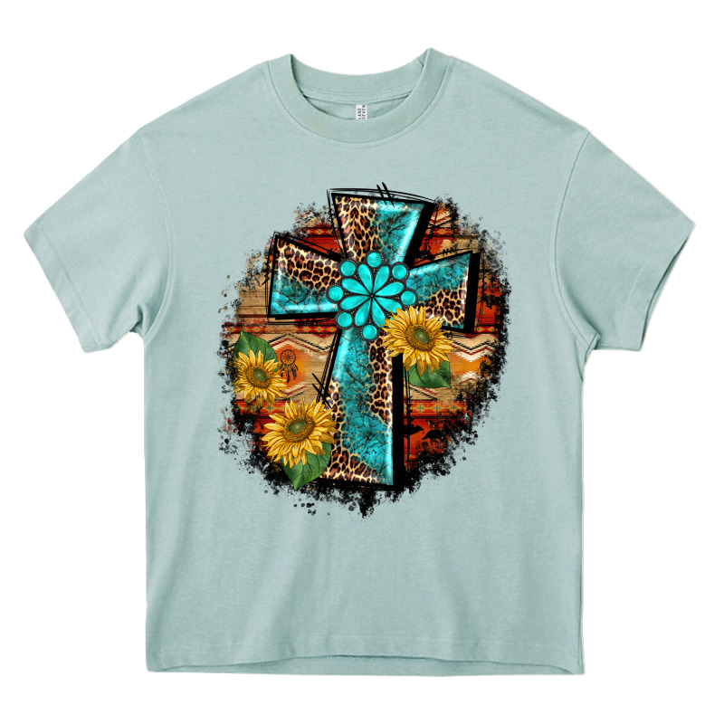 Western Turquoise's Leopard Cross  Wooden Aztek Sunflowers Background Heavy Core Tee by BarkalooDesign | Teevron