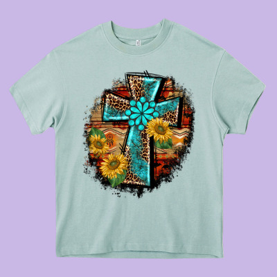 Western Turquoise's Leopard Cross  Wooden Aztek Sunflowers Background Heavy Core Tee Designed By Barkaloodesign