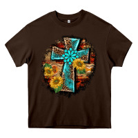 Chocolate Brown western turquoise's leopard cross  wooden aztek sunflowers background Heavy Core Tee - BarkalooDesign