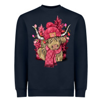 Navy pink winter long haired cow Heavyweight Sweatshirt - NancyCooperArtShop