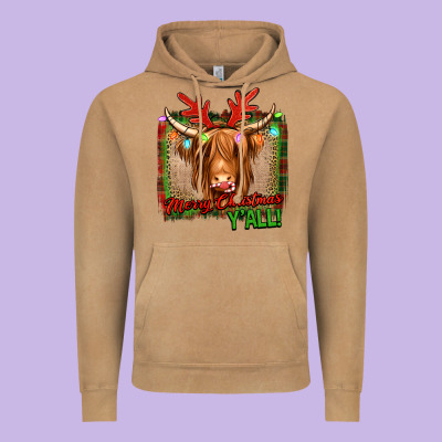 Merry Christmas Y'all Highland Cow Vintage Hoodie Designed By Jasminsmagicworld