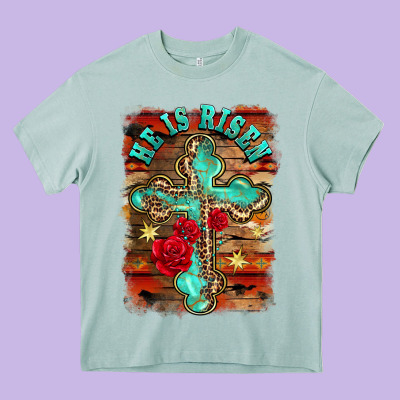 He Is Risen Cross With Roses Background Heavy Core Tee Designed By Barkaloodesign