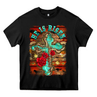 Black he is risen cross with roses background Heavy Core Tee - BarkalooDesign