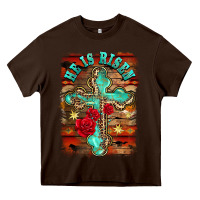 Chocolate Brown he is risen cross with roses background Heavy Core Tee - BarkalooDesign