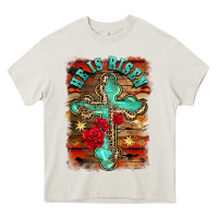 Cream he is risen cross with roses background Heavy Core Tee - BarkalooDesign