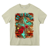 Mossy he is risen cross with roses background Heavy Core Tee - BarkalooDesign
