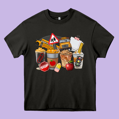 School Bus Coffee Cups Heavy Core Tee Designed By Fadigitalartstudio