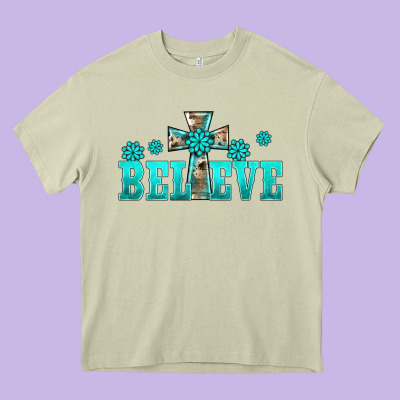 Western Turquoise's Gemstones Cross Believe Heavy Core Tee Designed By Barkaloodesign