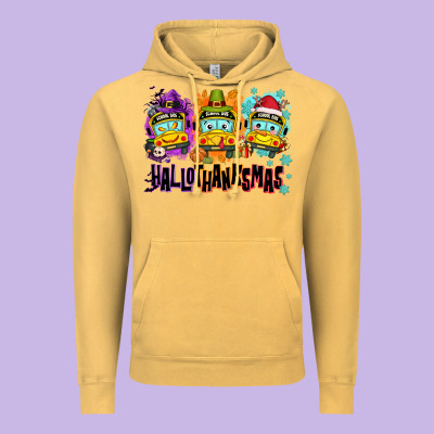 Happy Hallothanksmas School Bus Vintage Hoodie Designed By Nancycooperartshop