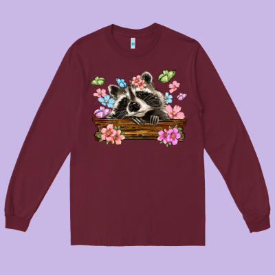 Raccoon With Flowers Long Sleeve Tee Designed By Maliassmallbusiness