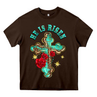 Chocolate Brown he is risen cross with roses Heavy Core Tee - BarkalooDesign