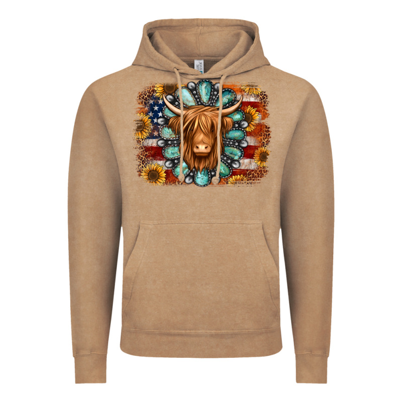American Flag Sunflowers Highland Cow Turquoise Background Vintage Hoodie by Jasminsmagicworld | Teevron