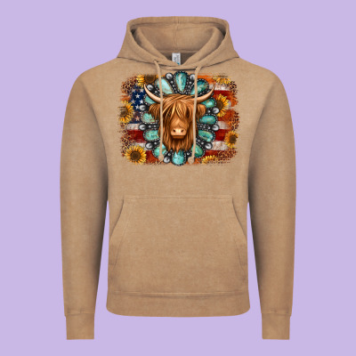 American Flag Sunflowers Highland Cow Turquoise Background Vintage Hoodie Designed By Jasminsmagicworld