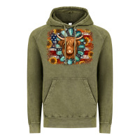 Vintage Olive american flag sunflowers highland cow turquoise background Vintage Hoodie - Jasminsmagicworld